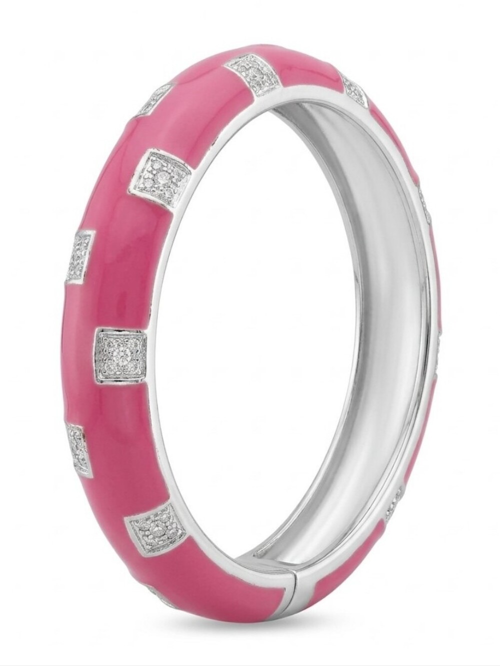 Beautiful Pink Enamel & Silver Toned Hinged Bracelet With Rhinestone Accents